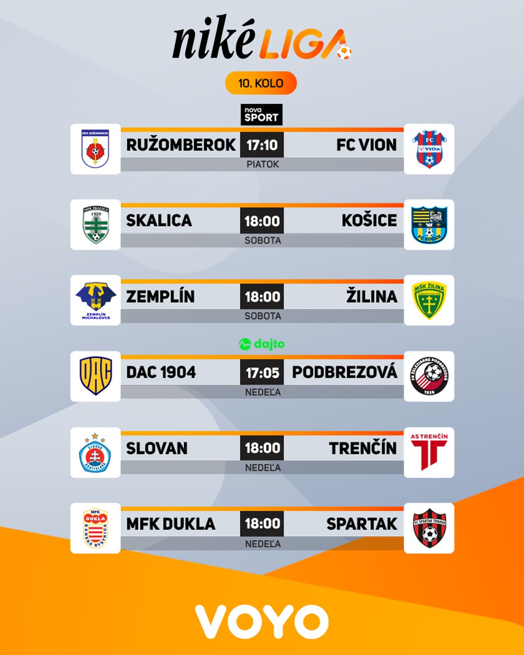 Rozpis zápasov 10. kola Niké ligy