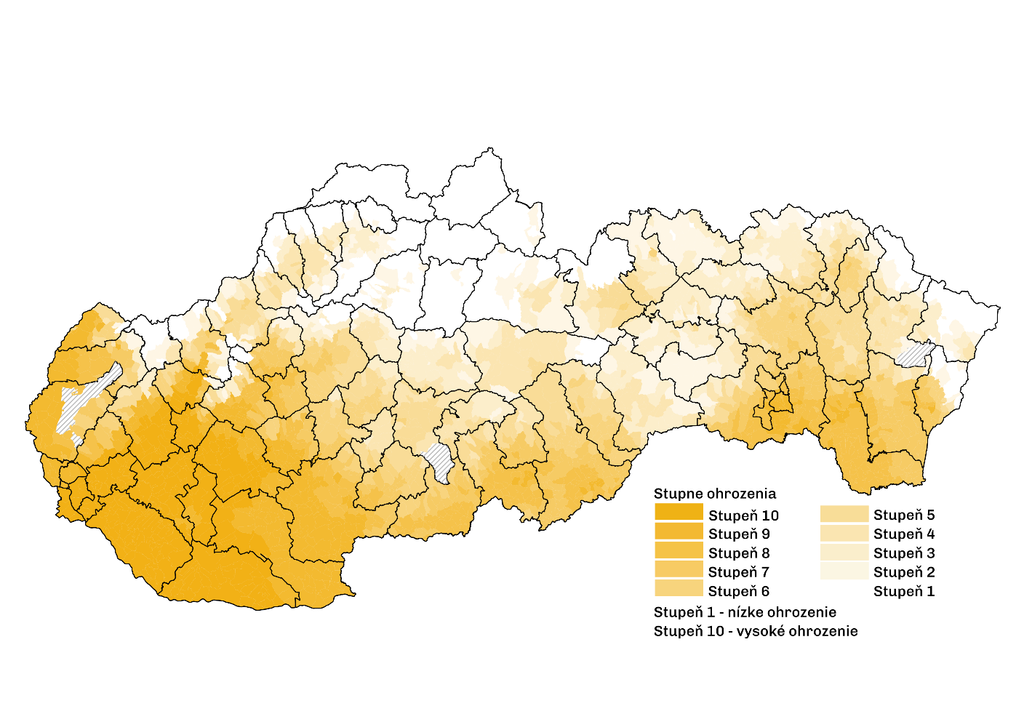Mapa Slovenska podľa ohrozenia extrémnym suchom.