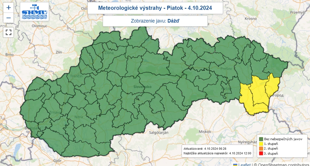 Mapa výstrah pred dažďom.