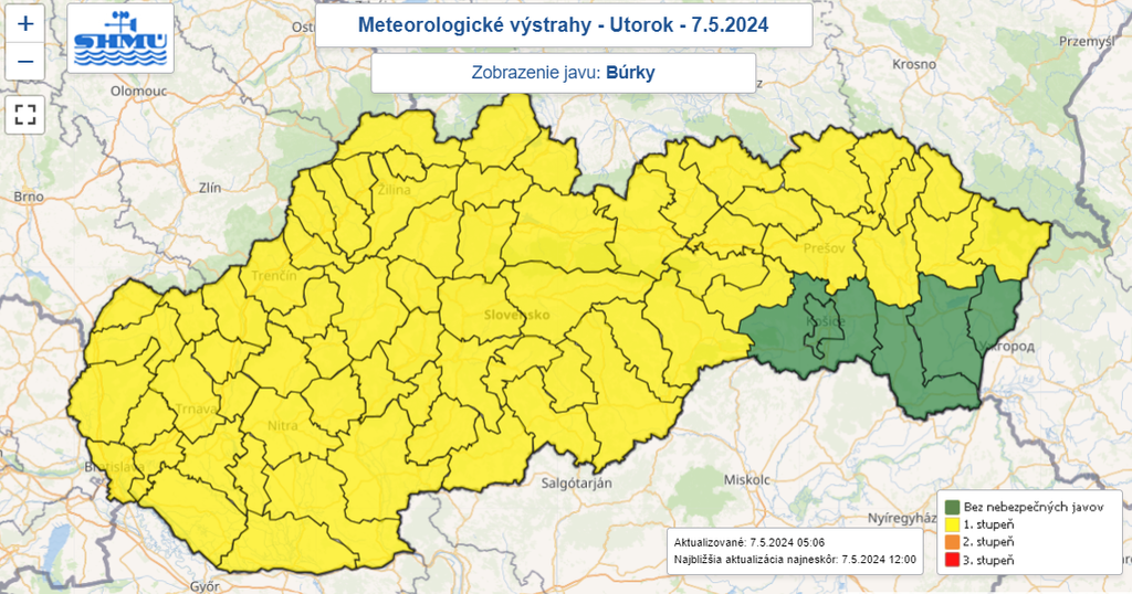 Mapa výstrah pred dažďom.