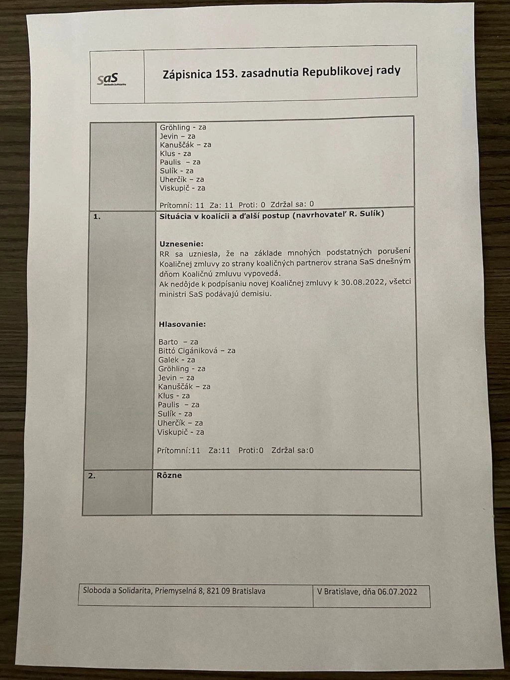 Zápisnica 153. zasadnutia Republikovej rady SaS