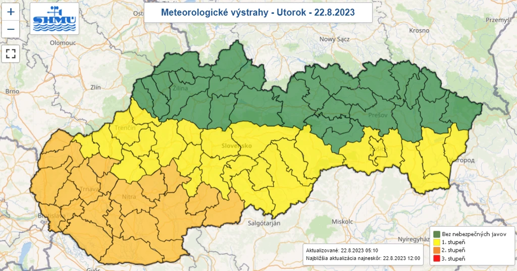 Mapa výstrah pred vysokými teplotami.