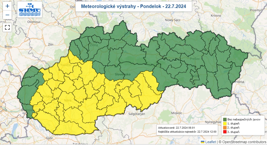 Mapa výstrah pred vysokými teplotami.