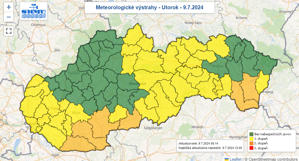 Mapa výstrah pred vysokými teplotami.