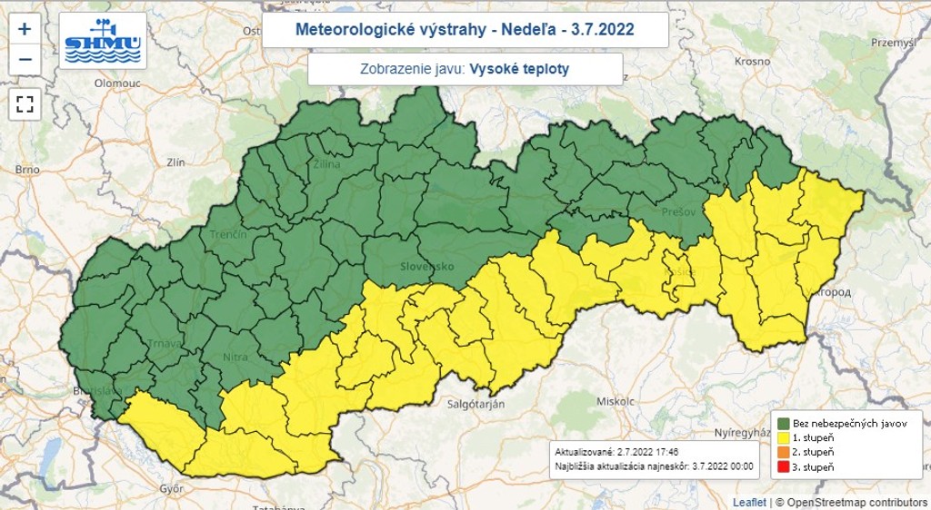 Nedeľné výstrahy pred vysokými teplotami.