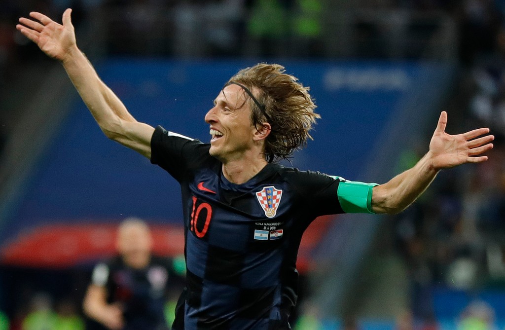 Radosť kapitána Chorvátska Luku Modriča po góle proti Argentíne na MS 2018.