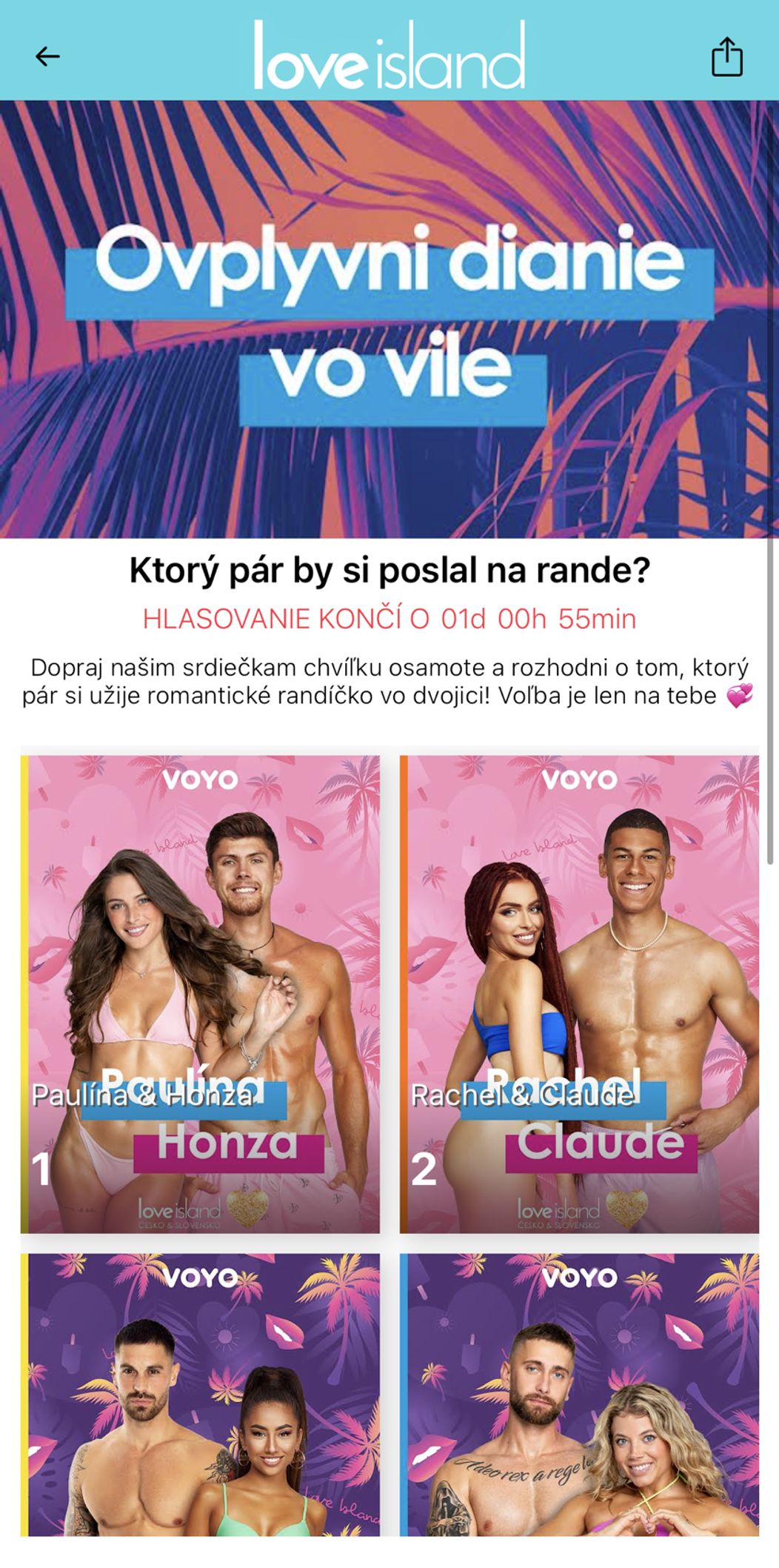 Hlasovnie o dianí vo vile v mobilnej aplikácii.