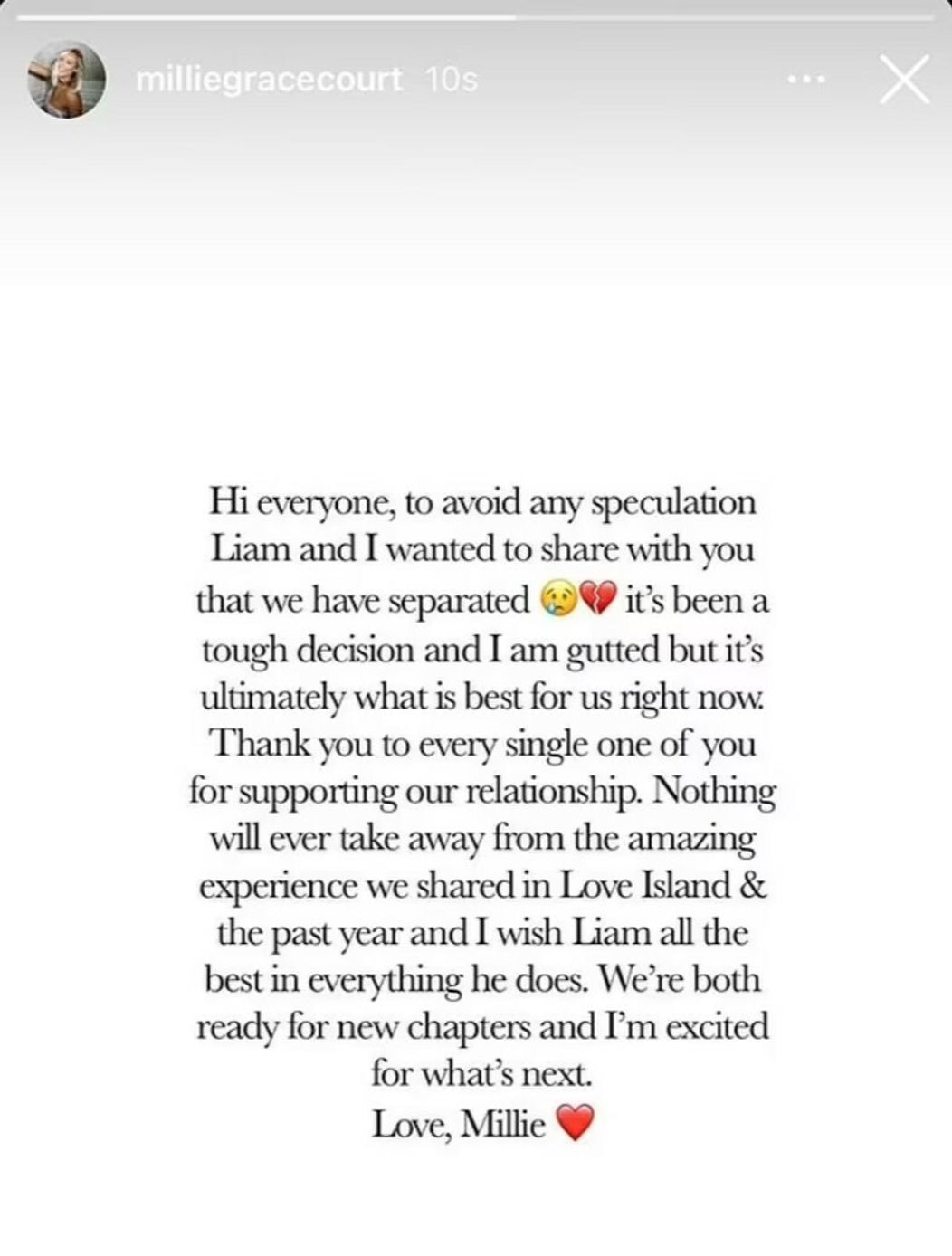 Aj Millie zverejnila status k rozchodu.