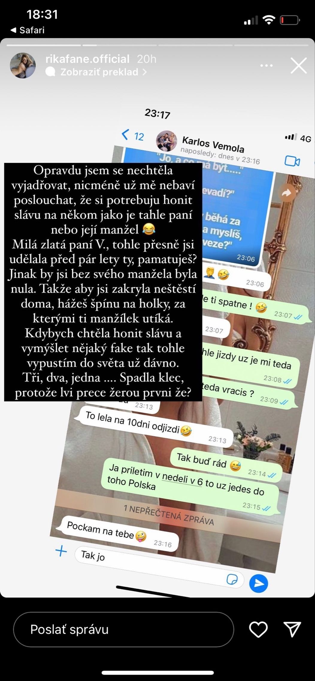 Rika Fane reaguje na údajnú Karlosovu neveru
