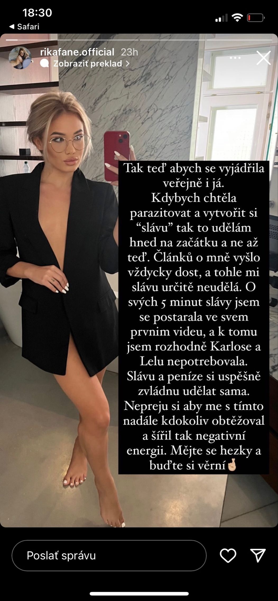 Rika Fane reaguje na údajnú Karlosovu neveru