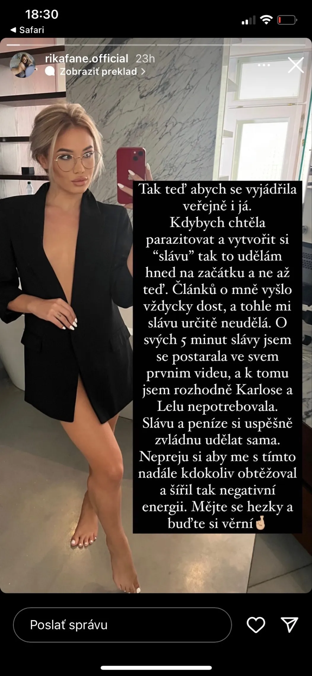 Rika Fane reaguje na údajnú Karlosovu neveru