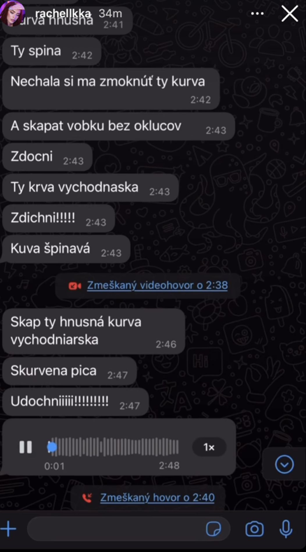 Ráchel Karnižová zverejnila fotky po bitke a správy plné vulgarizmov