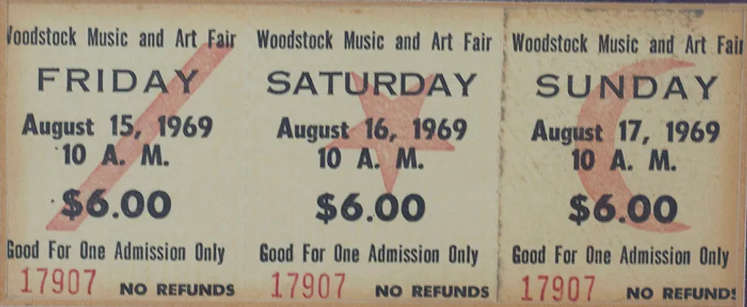 Pôvodné vstupenky na hudobný festival Woodstock od Charlesa Vestranda. 