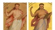 Postava znamenia Panny na Mánesovom origináli (Muzeum hlavního města Prahy) a jej „kópie“ z roku 2018.