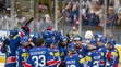 Na snímke slovenskí hokejoví reprezentanti sa radujú po víťazstve.
