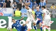Na snímke zľava Július Szöke (Slovan), Joel Andersson (Midtjylland), Vladimír Weiss mladší (Slovan) a Aral Simsir (Midtjylland).
