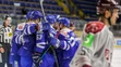 Slovenskí reprezentanti oslavujú gól v zápase v rámci prípravy na MS 2021 proti Lotyšsku.