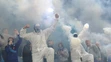 Fanúšikovia Slovana s dymovnicami v zápase 7. kola skupiny o titul futbalovej Fortuna ligy proti Trnave.