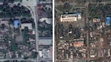 Kombosnímka zo satelitu zachytáva budovy a domy v Mariupole z februára 2022 pred (vľavo) a po (vpravo) ruskej invázii na Ukrajine.