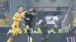 Sprava hráč Trnavy Martin Bukata a hráč DAC Miroslav Káčer bojujú o loptu v 17. kole Fortuna ligy.