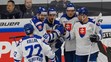 Na snímke slovenskí hokejisti sa tešia z gólu, zľava Andrej Kollár, Martin Bučko, Róbert Lantoši, Andrej Kukuča a Samuel Takáč.