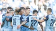 Tretí zľava Gerson Rodrigues (Slovan) oslavuje gól so spoluhráčmi v 20. kole Niké ligy proti Zlatým Moravciam.
