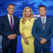 Moderátori Volebnej noci 2023 - Zlatica Švajdová Puškárová, Michal Kovačič, Viktor Vincze