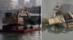 VIDEO: Vynaliezavý Číňan sa takmer utopil, keď chcel preplávať rieku pomocou bagra