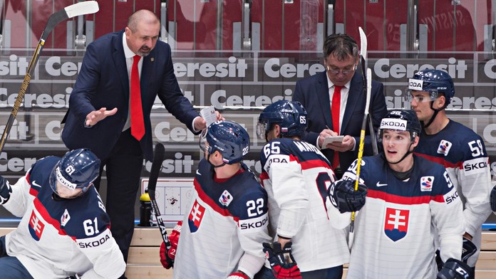 Slovenská striedačka počas duelu proti Maďarsku na MS v Rusku.