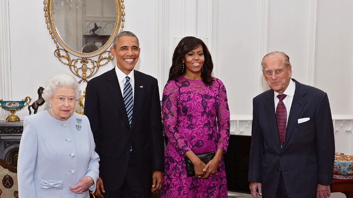 Kráľovná Alžbeta II., americký prezident Barack Obama, Michele Obamová a princ Phillip.