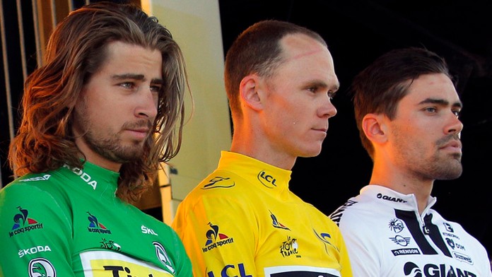 Peter Sagan, Chris Froome a víťaz časovky Tom Dumoulin.