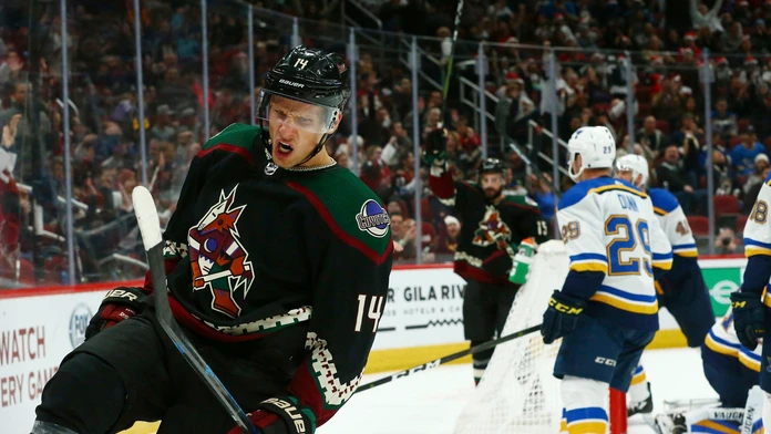 Richard Pánik z Arizony oslavuje gól proti St. Louis.