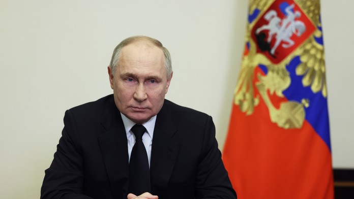 Ruský prezident Vladimir Putin hovorí k národu v Moskve.