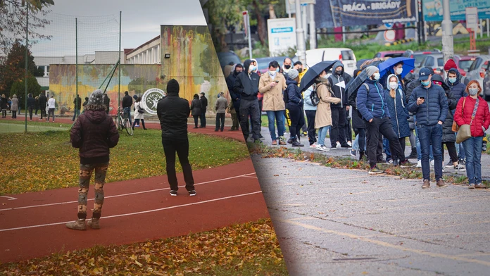 Na snímke dlhé rady na testovanie pred Obchodno- informačným centrom v Dunajskej Strede.