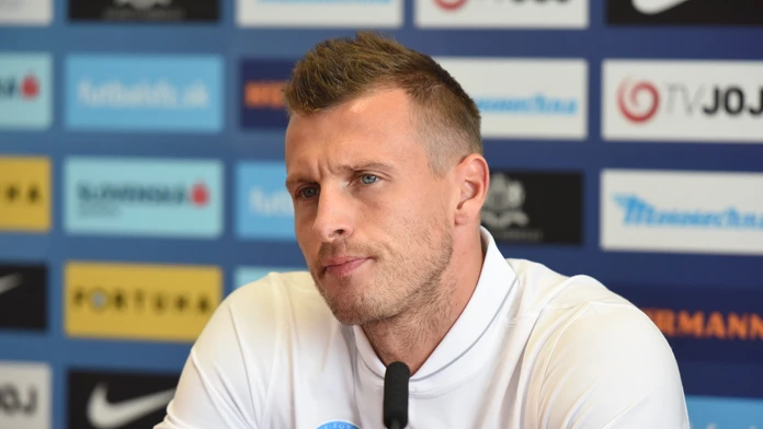 Ján Ďurica počas tlačovej konferencie pred zápasom kvalifikácie Majstrovstiev sveta 2018 skupiny F Slovensko - Anglicko v Trnave