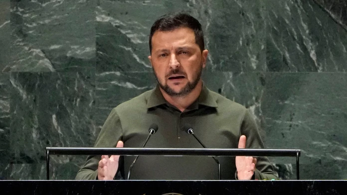 Ukrajinský prezident Volodymyr Zelenskyj počas prejavu v OSN.