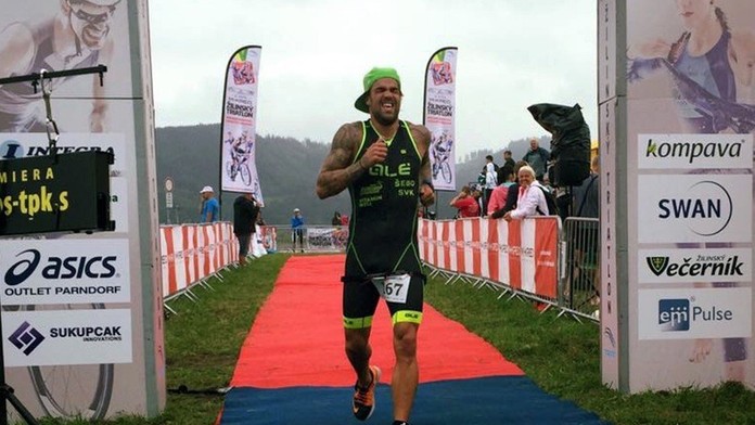 Filip Šebo v cieli Žilinského triatlonu.