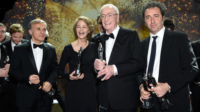 Christoph Waltz, Charlotte Ramplingová, Michael Caine a režisér Paolo Sorrentino.