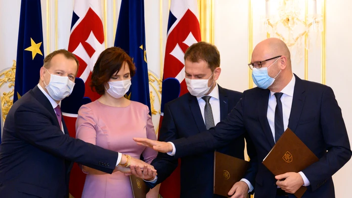 Na snímke Igor Matovič, Boris Kollár, Richard Sulík, Veronika Remišová po podpise koaličnej zmluvy