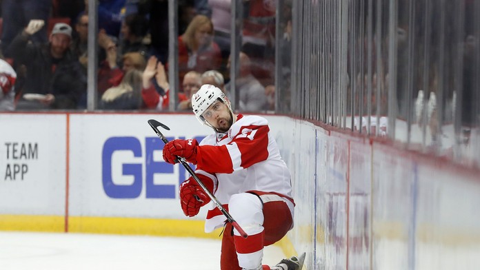 Tomáš Tatar sa teší po strelení gólu v zápase zámorskej hokejovej NHL Detroit Red Wings - Boston Bruins.