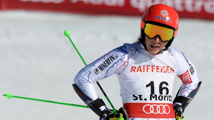 Petra Vlhová reaguje v cieli po 2. kole obrovského slalomu žien na MS vo švajčiarskom St. Moritze.