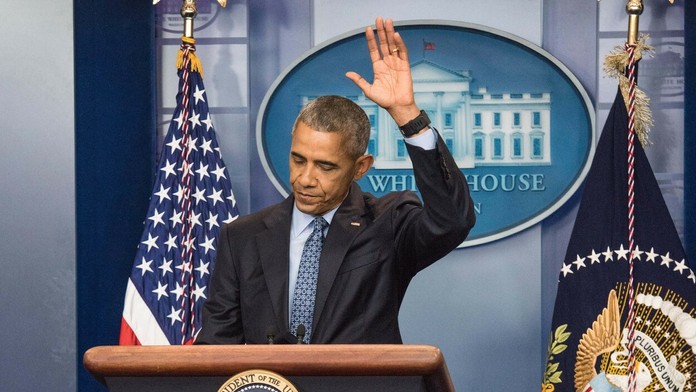 Barack Obama počas poslednej tlačovej konferencie v úlohe prezidenta Spojených štátov.
