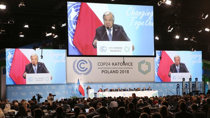 Generálny tajomník OSN António Guterres hovorí počas Konferencie OSN o zmene klímy.