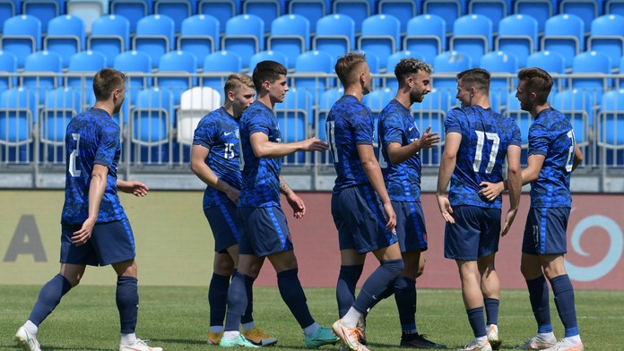 Radosť reprezentantov do 21 rokov po góle v príprave proti fínskym rovesníkom.