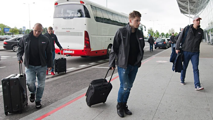 Andrej Sekera, Pavol Skalický, Martin Réway pred odchodom na MS do Petrohradu.