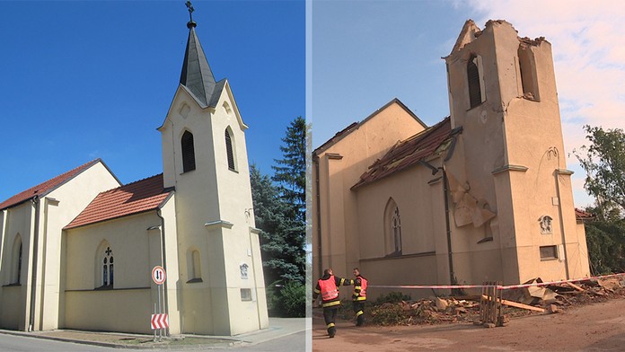 Zničený kostol v obci Hrušky.