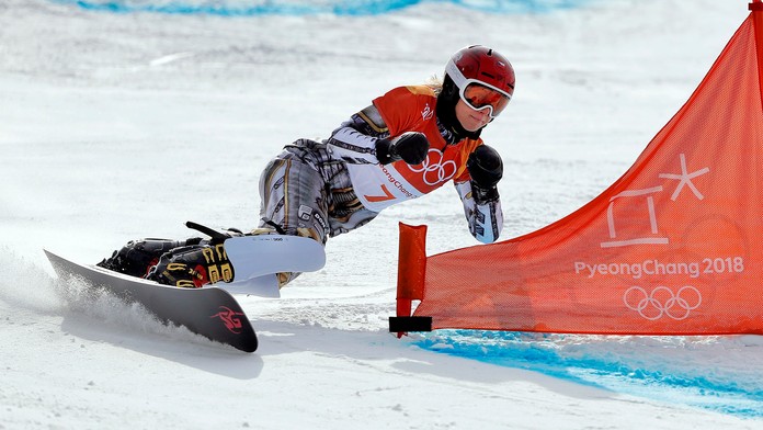 Česká snoubordistka Ester Ledecká počas kvalifikácie paralelného slalomu na ZOH 2018.