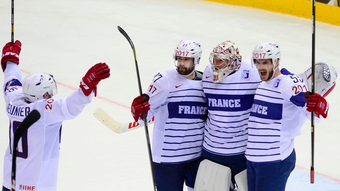 Na snímke radosť Francúzovzľava Eliot Berthon, Bsaptiste Amar, brankár Cristobal Huet a Jonathan Janil po víťazstve nad Slovensk