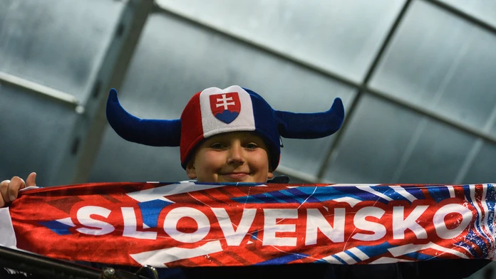 Slovenský fanúšik v zápase kvalifikácie ME 2017 hráčov do 21 rokov proti Bielorusku.