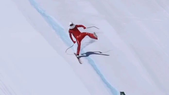 Lyžiar Juanki Sanchéz tesne pred pádom balancuje na jednej lyži.